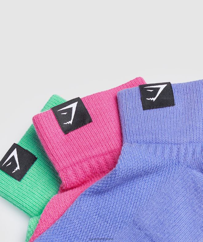 Unisex Woven Tab Quarter Socks 3pk 8004D1107 Gymshark Fuchsia/Blue/Grape Blue