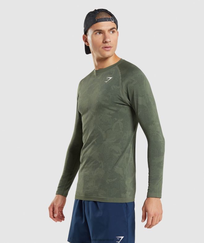 Men Geo Seamless Long Sleeve T-Shirt 8004D599 Gymshark Core Olive/Black