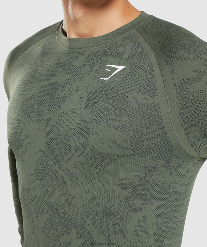 Men Geo Seamless Long Sleeve T-Shirt 8004D599 Gymshark Core Olive/Black