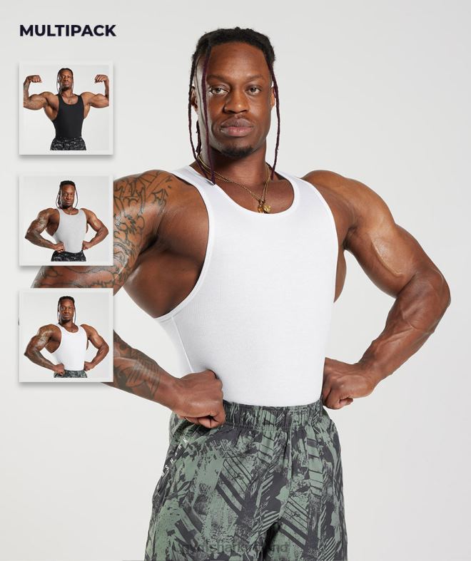 Men Ribbed Tank 3pk 8004D908 Gymshark White/Black/Stone Grey Marl