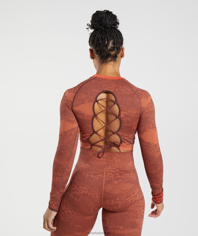 Women Adapt Camo Seamless Lace Up Back Top 8004D449 Gymshark Storm Red/Cherry Brown