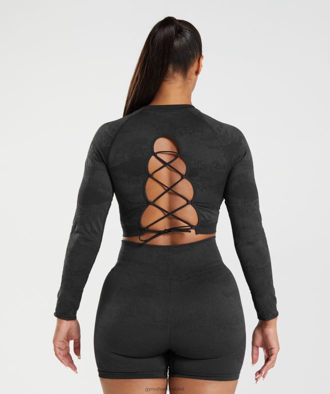 Women Adapt Camo Seamless Lace Up Back Top 8004D451 Gymshark Black/Onyx Grey