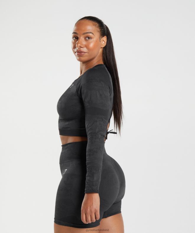 Women Adapt Camo Seamless Lace Up Back Top 8004D451 Gymshark Black/Onyx Grey