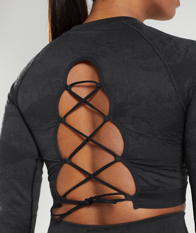 Women Adapt Camo Seamless Lace Up Back Top 8004D451 Gymshark Black/Onyx Grey