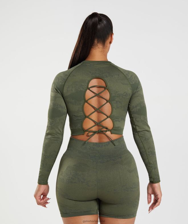Women Adapt Camo Seamless Lace Up Back Top 8004D452 Gymshark Moss Olive/Core Olive