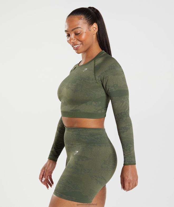 Women Adapt Camo Seamless Lace Up Back Top 8004D452 Gymshark Moss Olive/Core Olive