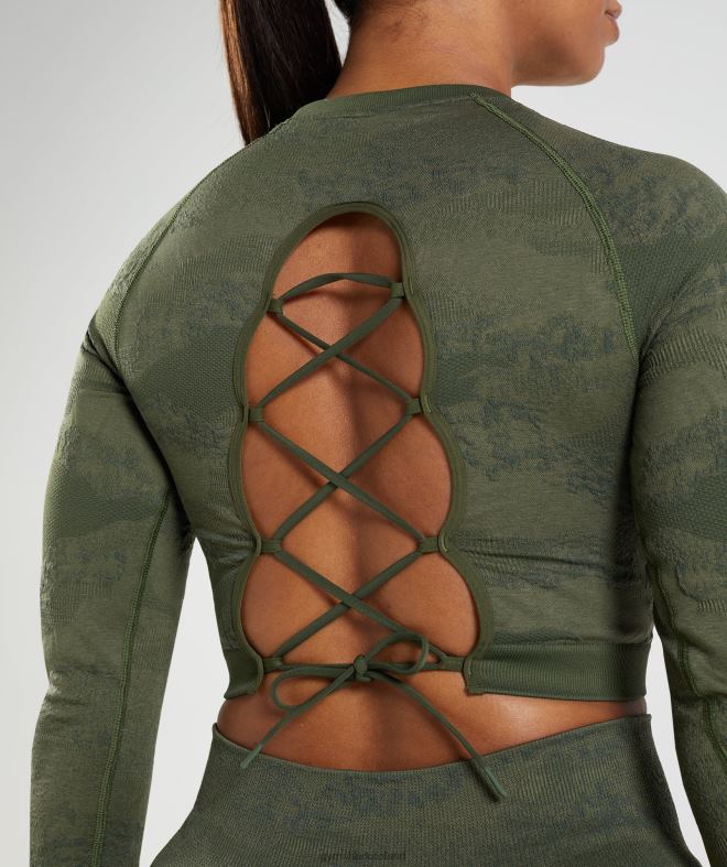 Women Adapt Camo Seamless Lace Up Back Top 8004D452 Gymshark Moss Olive/Core Olive