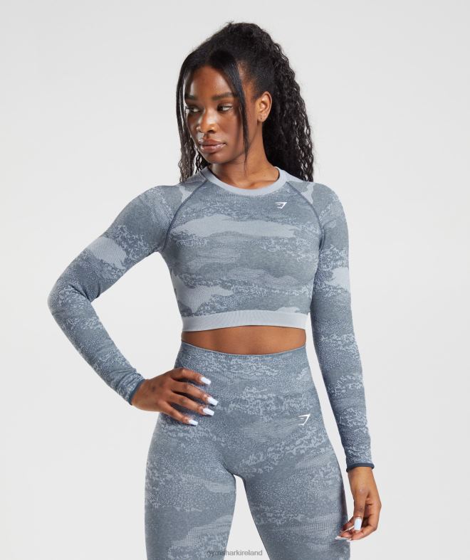 Women Adapt Camo Seamless Lace Up Back Top 8004D457 Gymshark Lava |River Stone Grey/Evening Blue