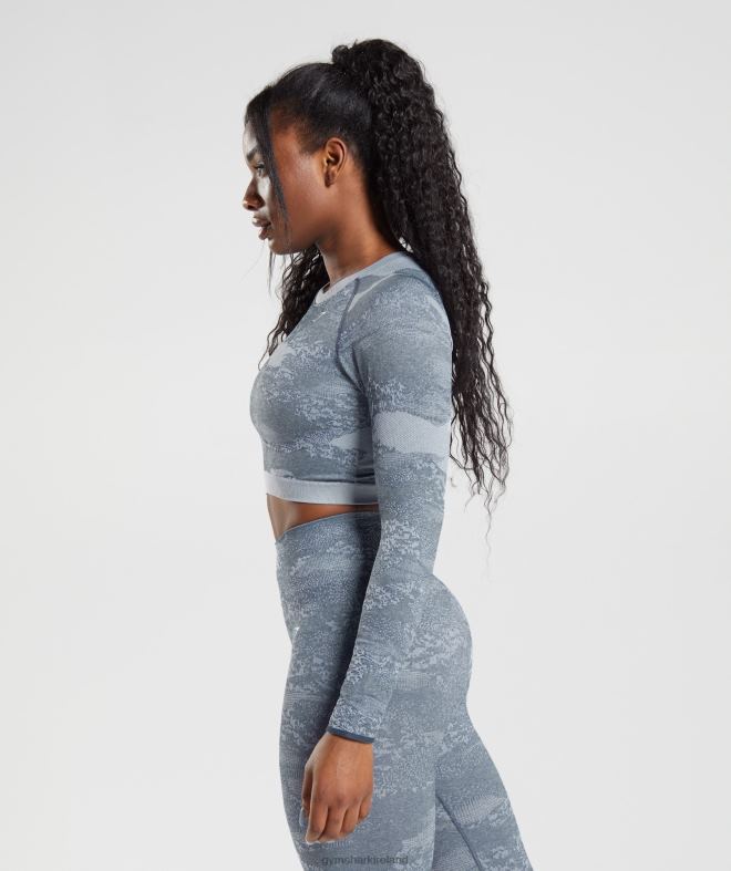 Women Adapt Camo Seamless Lace Up Back Top 8004D457 Gymshark Lava |River Stone Grey/Evening Blue