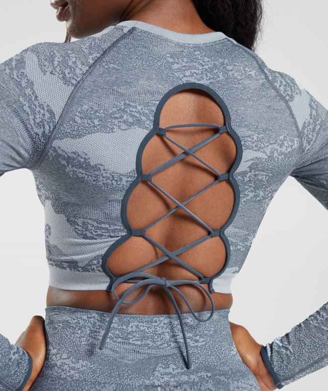 Women Adapt Camo Seamless Lace Up Back Top 8004D457 Gymshark Lava |River Stone Grey/Evening Blue