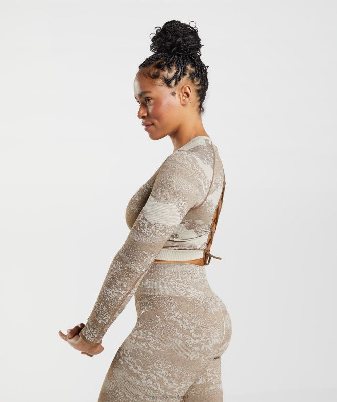 Women Adapt Camo Seamless Lace Up Back Top 8004D458 Gymshark Pebble Grey/Soul Brown