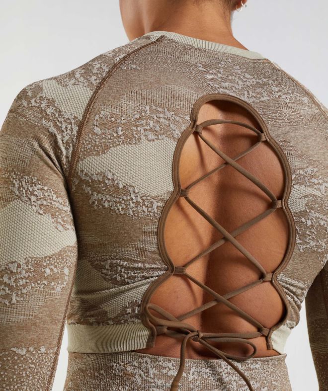 Women Adapt Camo Seamless Lace Up Back Top 8004D458 Gymshark Pebble Grey/Soul Brown