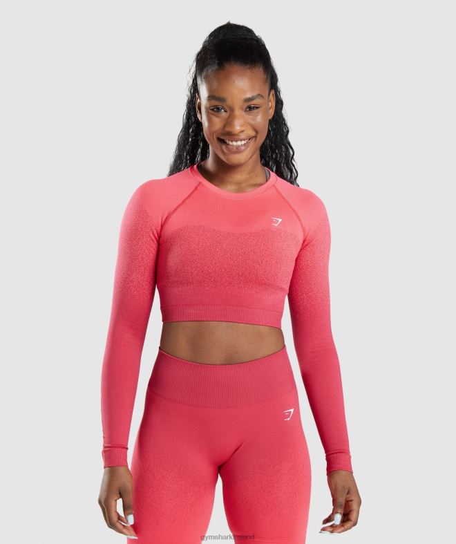 Women Adapt Ombre Seamless Long Sleeve Crop Top 8004D488 Gymshark Pink/Red