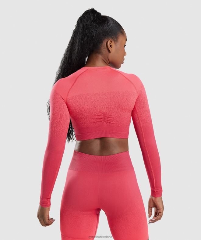 Women Adapt Ombre Seamless Long Sleeve Crop Top 8004D488 Gymshark Pink/Red