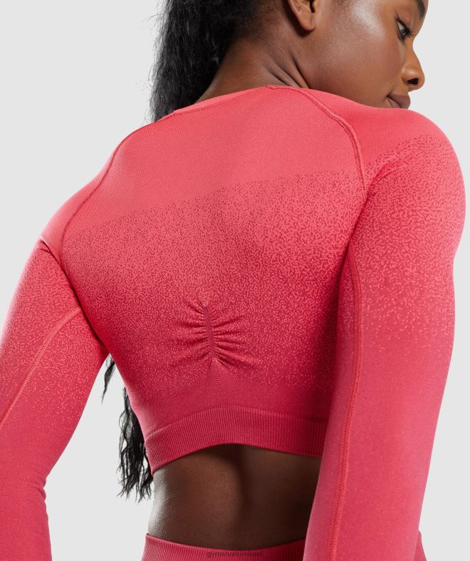 Women Adapt Ombre Seamless Long Sleeve Crop Top 8004D488 Gymshark Pink/Red