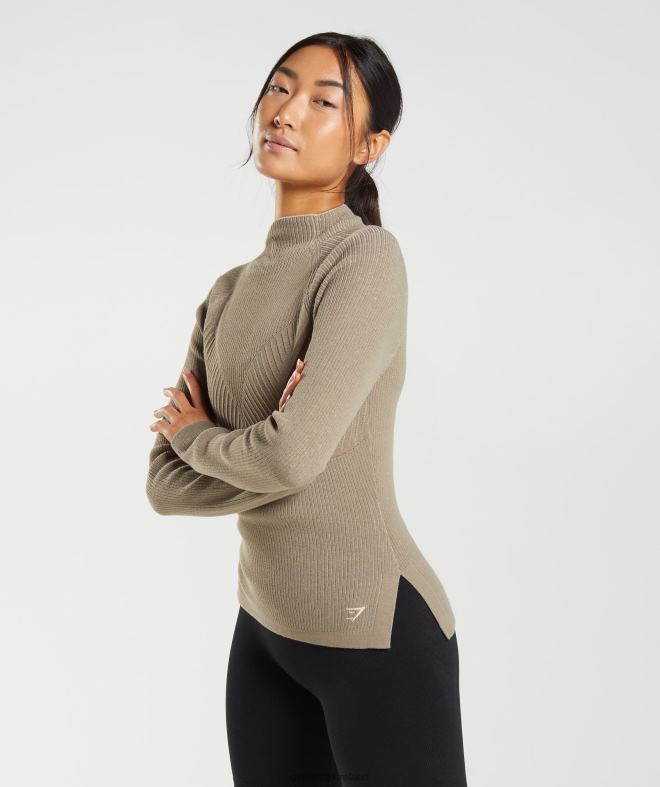 Women Pause Knitwear Long Sleeve Top 8004D441 Gymshark Cement Brown/Pebble Grey