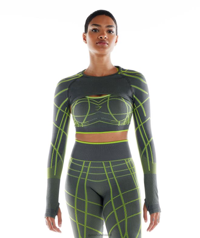 Women Wtflex Linear Seamless Long Sleeve Shrug 8004D490 Gymshark Charcoal Grey/Fluo Green/Light Grey