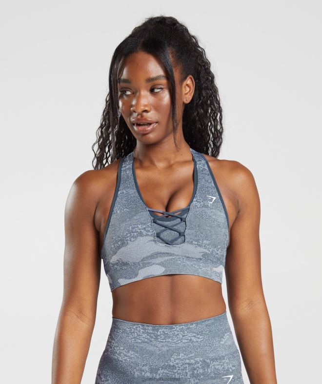 Women Adapt Camo Seamless Sports Bra 8004D145 Gymshark River Stone Grey/Evening Blue